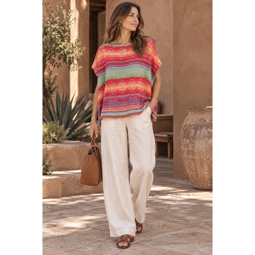 Lauren Ralph Lauren LRL Multicolor Cotton Linen Knit Poncho Top Boat Neck M